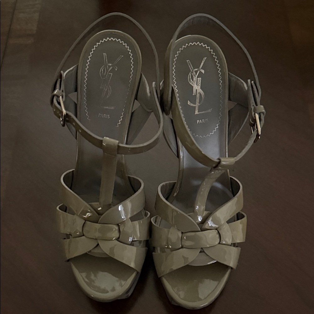 Saint Laurent Olive Patent Leather T-Strap Platform Sandals